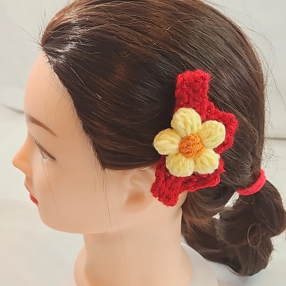 Hand Crafted Hand Knit Crochet Bow Hair Clip Red & Yellow puffy crocheted flower